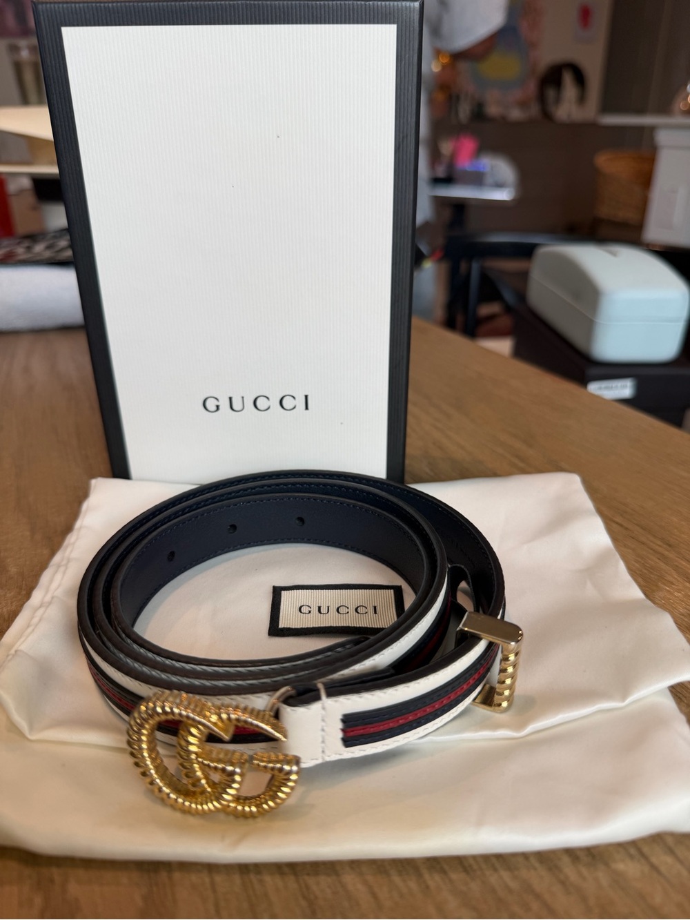 Gucci White Leather Belt with Red and Blue Web and Gold GG Rope Buckle